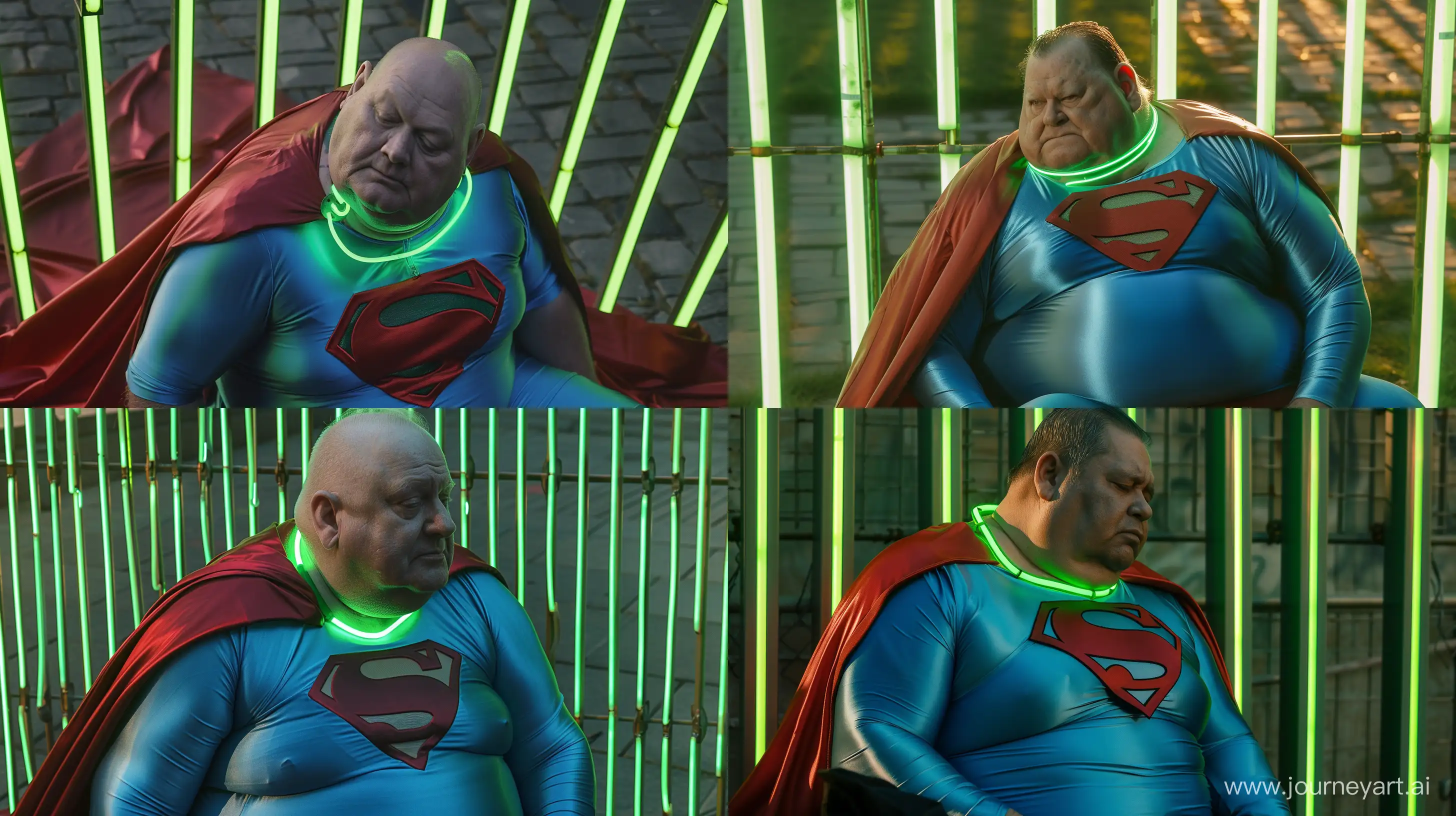 High-angle photo of a fat man aged 60 wearing a silk blue superman tight costume with a large red cape and a tight green glowing neon dog collar looking down. Sitting against green glowing green neon bars. Outside. Daylight. --style raw --ar 16:9
