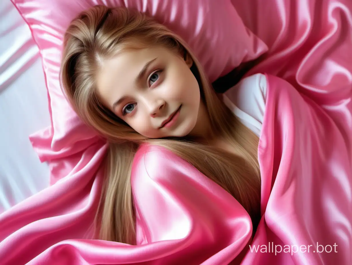 Tender, modest, sweet cutie Yulia Lipnitskaya with long, straight silky hair lies under a bright pink silk blanket on a bright pink silk pillow and tenderly, angelically smiles