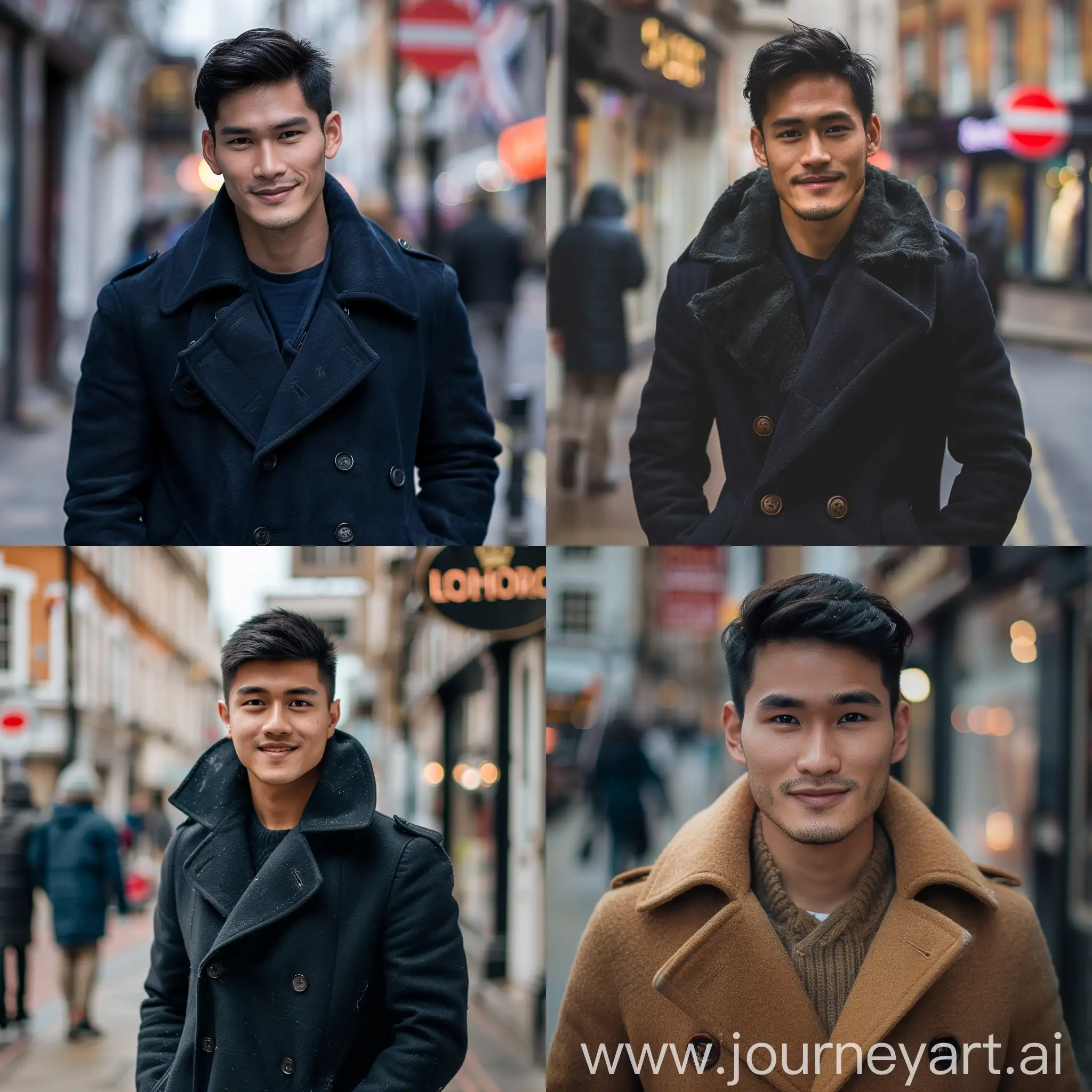 full body handsome boye 30 year old,thailand face,wearing peacoat jacket ,smile expresion,at the street london,realistis photo,hd,bright ultra,4k