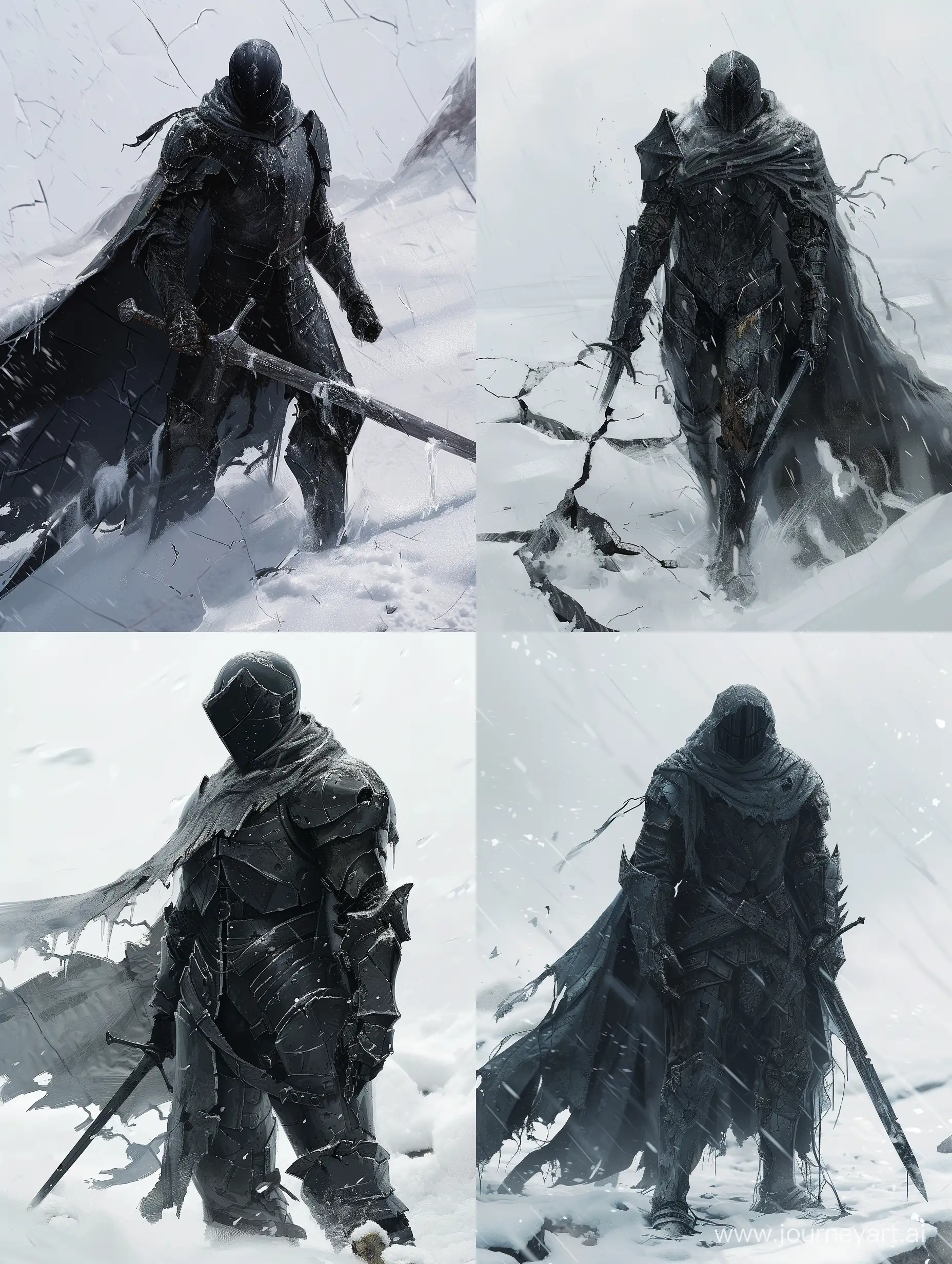 concept art, reference, clear art, black sci fi knight assassin, brutal pose. in the snow, cracked, darksouls style
