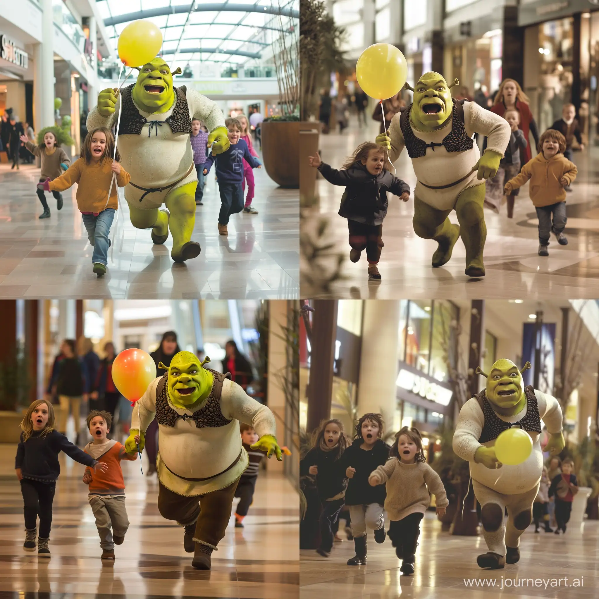 Испуганные дети, в торговом центре, убегают от Шрека, шрек сзади бежит и держит воздушный шар
