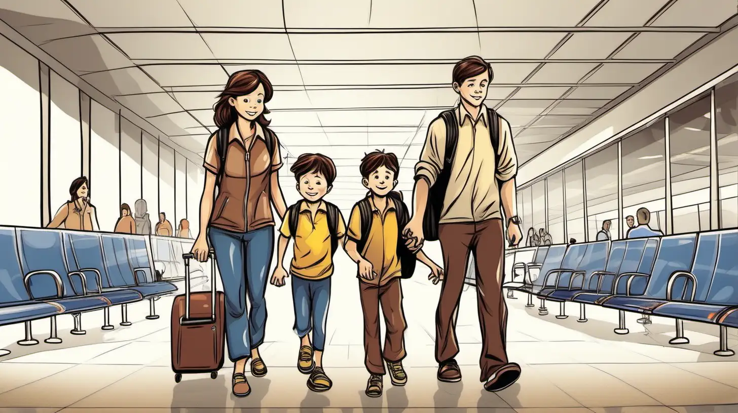 illustrate a ten years old brown hair boy  and his family in the airport