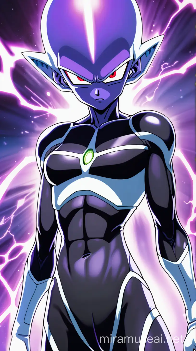 Fierce Alien Woman with Purple Power Aura and Electric Rays