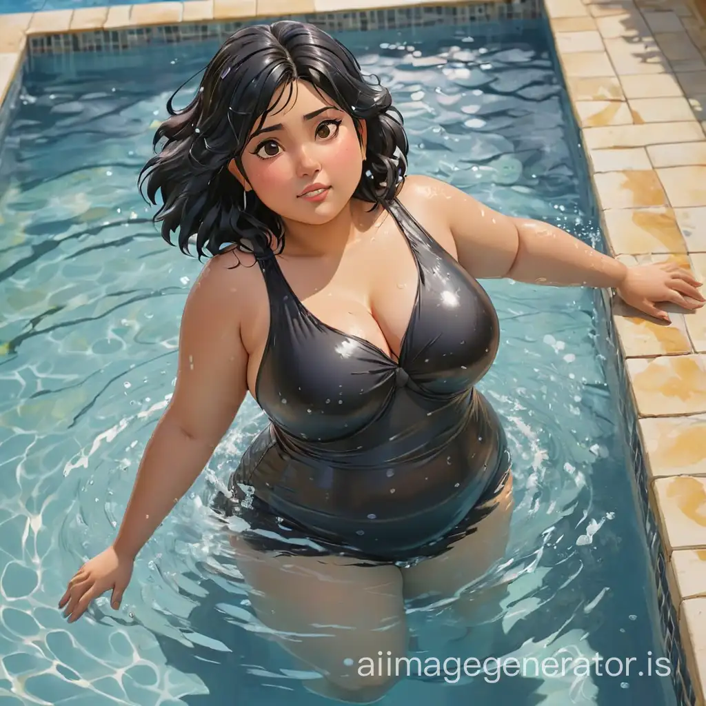 chubby Bengali woman, wet black hair, josei anime style, swim, cleavage, water color, huge swimming pool, full body, top view