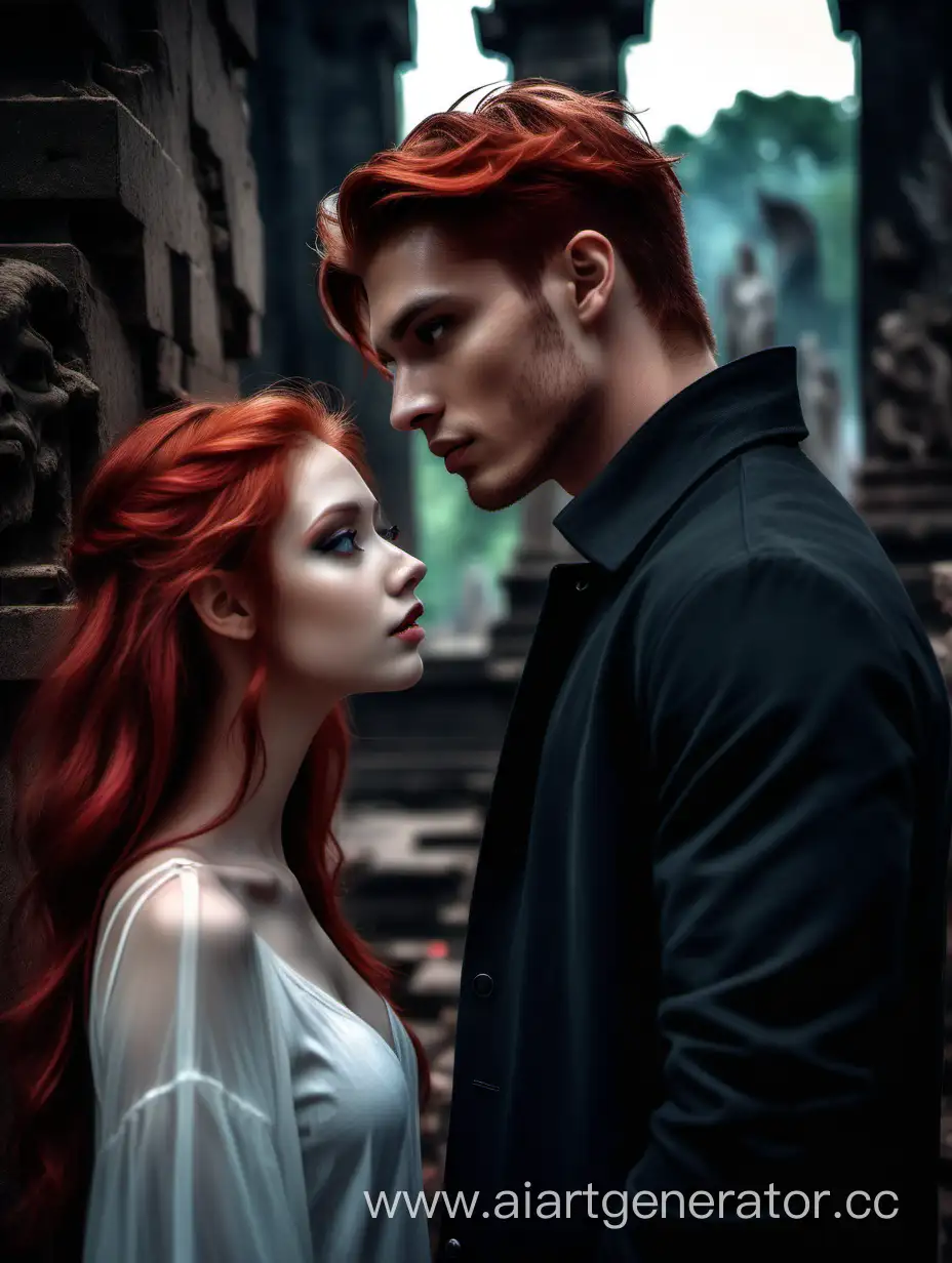 Красивый Парень с рыжими волосами, смотрит с тоской на девушку, руины храма, любовь, ангел и демон, тьма