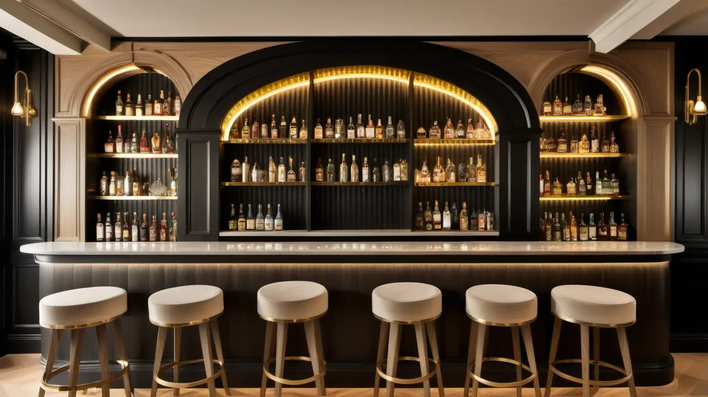 large parisian Bar; beige, oak, brass, black colour palette; oak flooring; oak wainscotting on lower third of the wall; textured wallpaper on upper 2/3 of wall; brass a fabric stools; 4 built in arched bottle shelves on wall behind bar with led strip lighting


