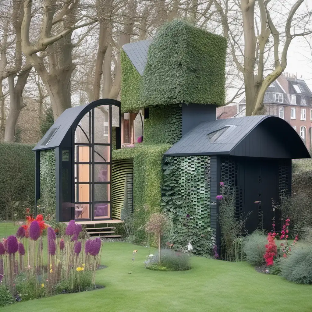 Imagine a garden folly in the style of MVRDV architect, in this garden, in place of the shed. Use re use materials. To live in for two people. It's a sunny day.