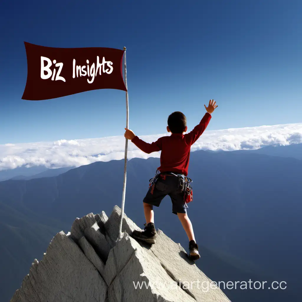 Create an image of boy climbing the 12500ft and waiving the flag written "BIZ INSIGHTS"