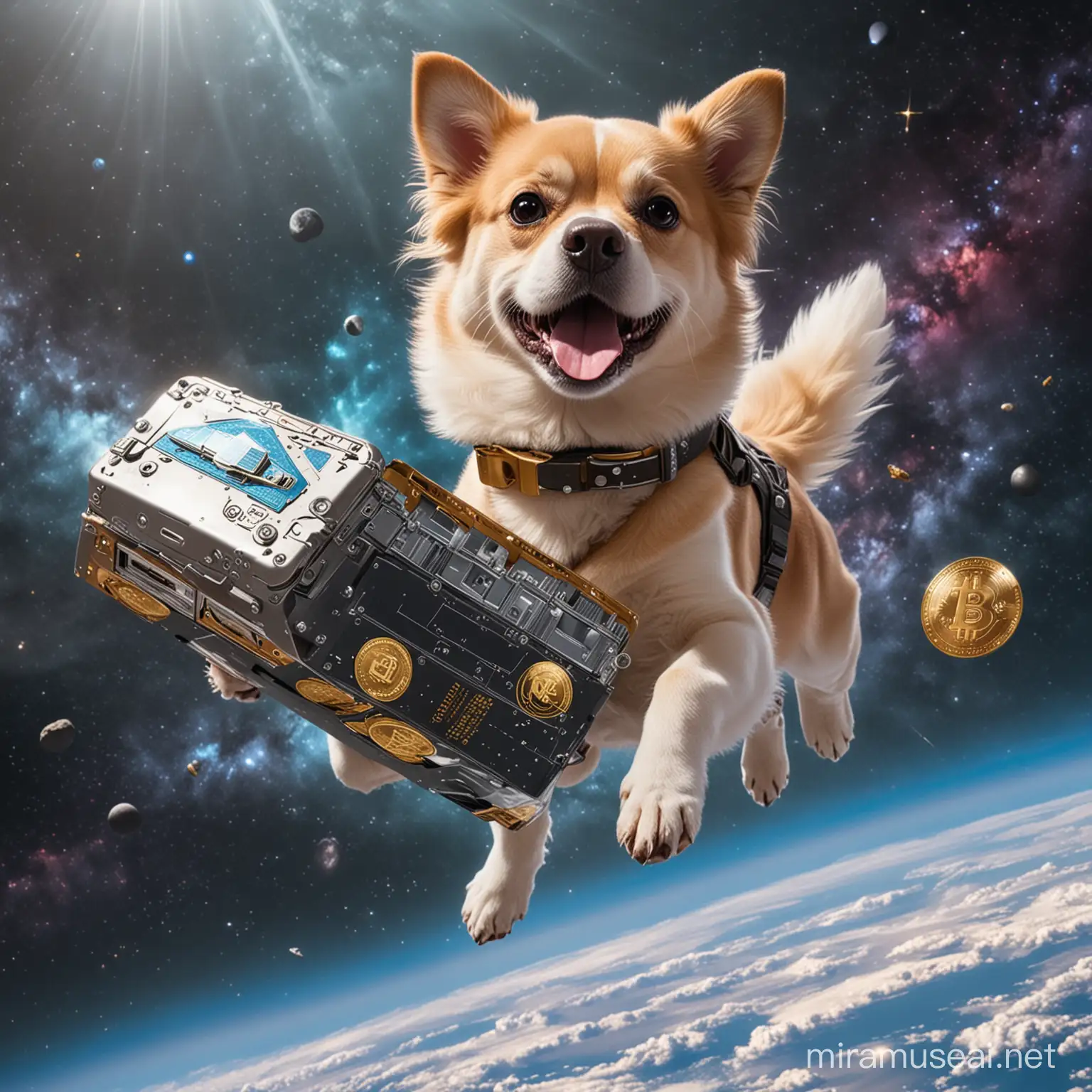 a millionaire dog flying in space with its crypto wallet