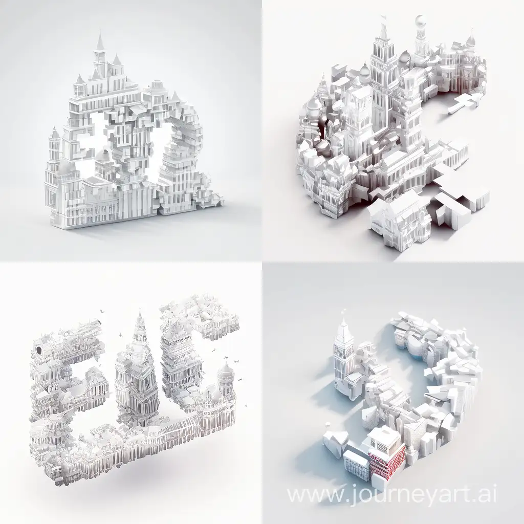 буква У, сделанная из зданий Москвы на белой поверхности, 3D-рендеринг,