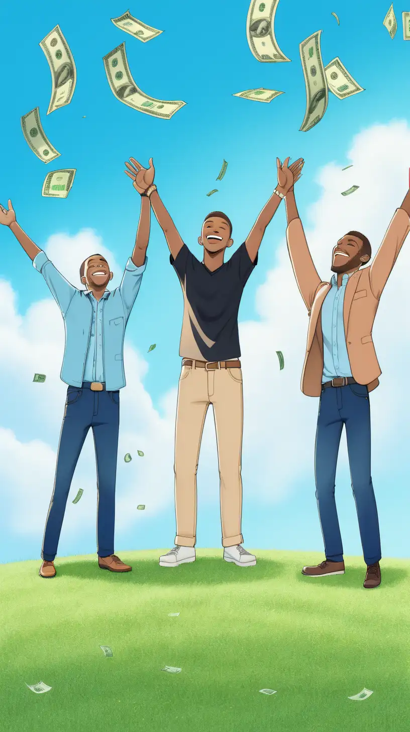 three diverse men stand with outstretched arms, money falls from the sky around them, they are outside, they stand on a grass field, the sky is blue and bright, the men are happy