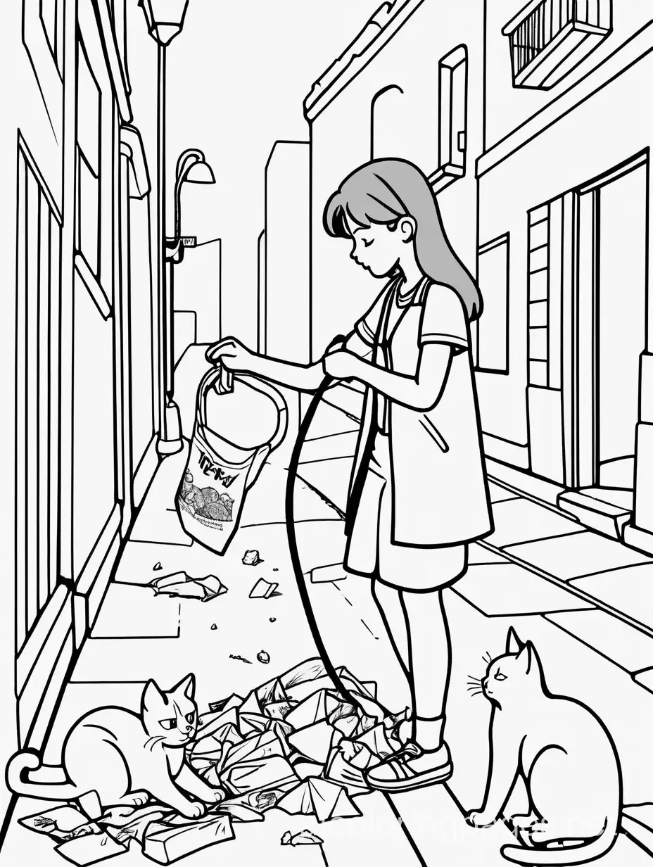 A lady finds an abandoned hungry cat scavenging rubbish on the street, Coloring Page, black and white, line art, white background, Simplicity, Ample White Space. The background of the coloring page is plain white to make it easy for young children to color within the lines. The outlines of all the subjects are easy to distinguish, making it simple for kids to color without too much difficulty.