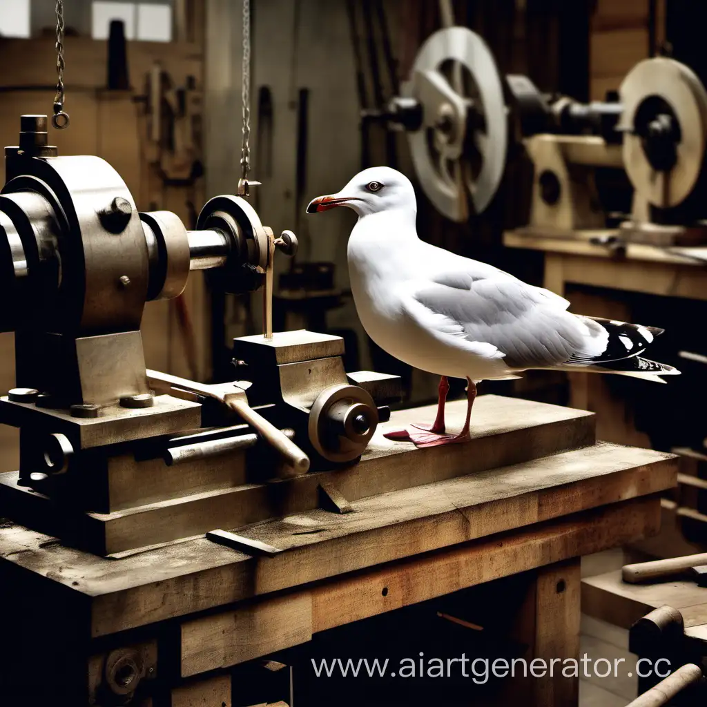 Skillful-Seagull-Bird-Operating-a-Lathe-with-Precision-Craftsmanship
