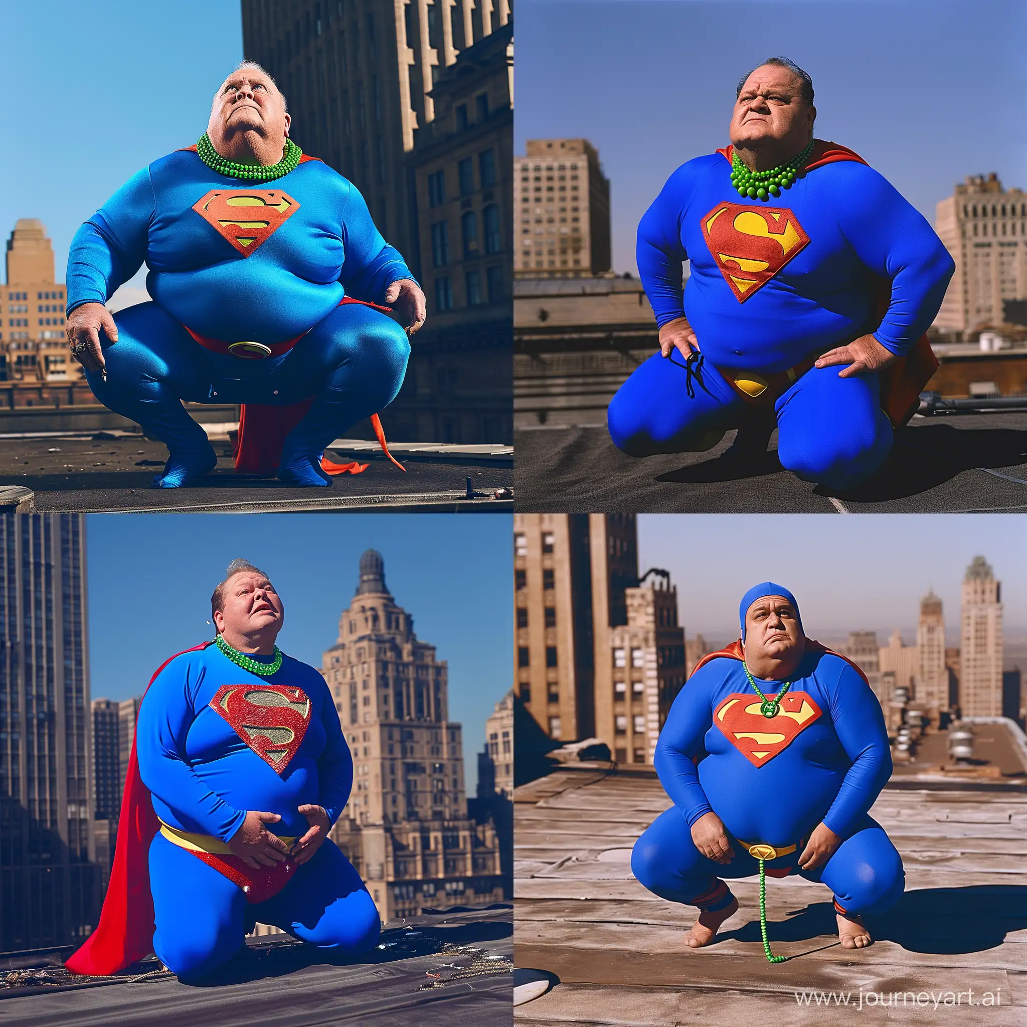 chubby man aged 70 wearing a tight bright blue superman costume, kneeling on a rooftop, bright green necklace --v 6
