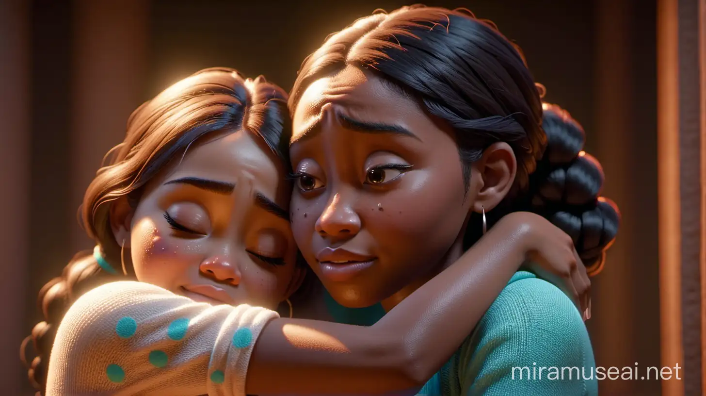 "In this poignant moment in time, two African American women stand side by side, their arms wrapped around each other crying in a comforting embrace. Tears stream down their faces as they share in the sorrow and grief of a friend or loved one. Their expressions convey empathy, compassion, and solidarity as they embody the essence of 'weeping with those who weep.' Against the backdrop of their community, capture the raw emotion and resilience of their bond as they navigate through the depths of shared sorrow, finding strength in their connection and the power of empathy."
Illumination, Disney-Pixar stylr illustrations, 3-D animation, 4K