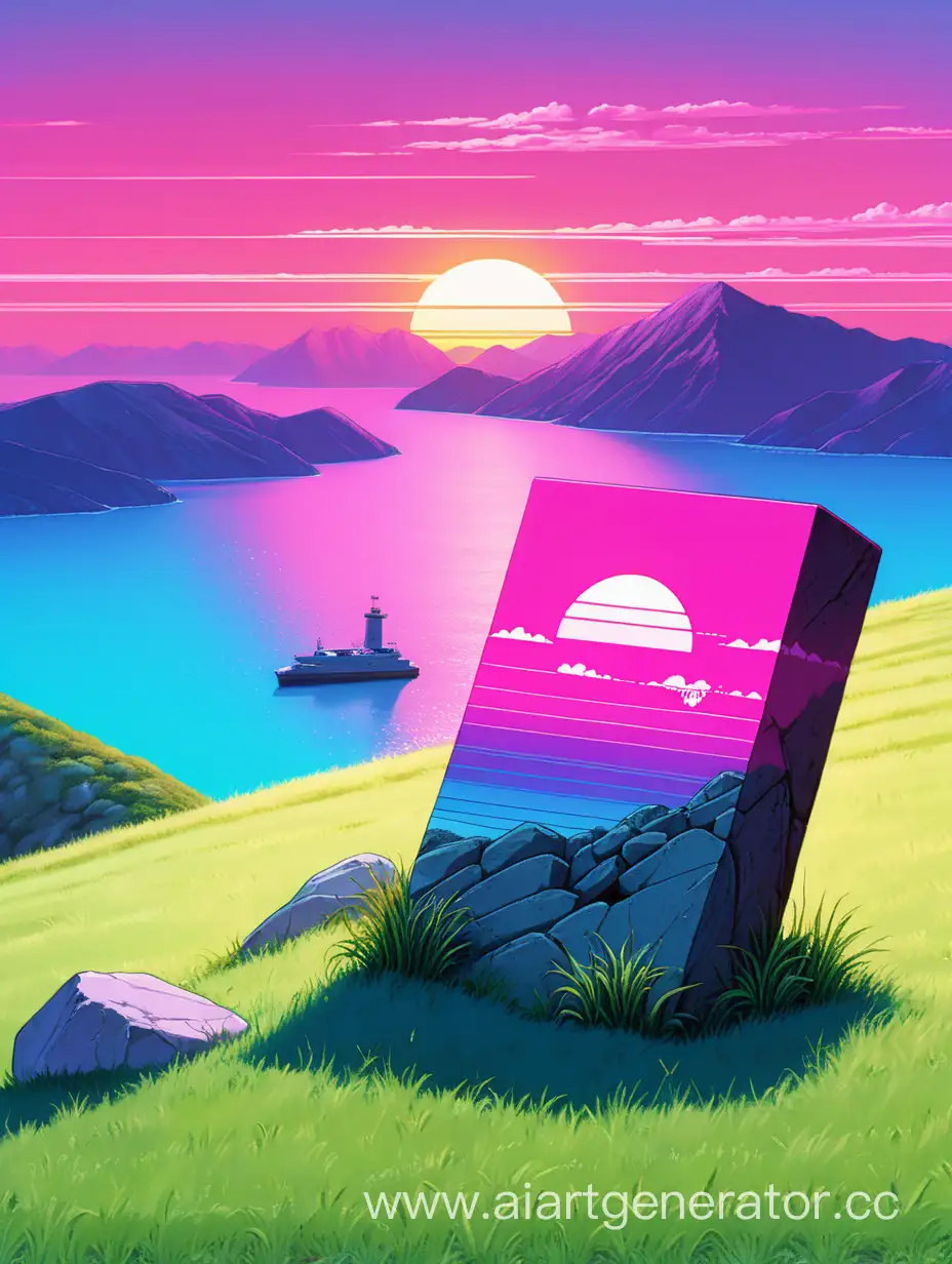a rock tombstone on a grassy mountain before a city docks in the left bottom corner of the picture, vaporwave sunset