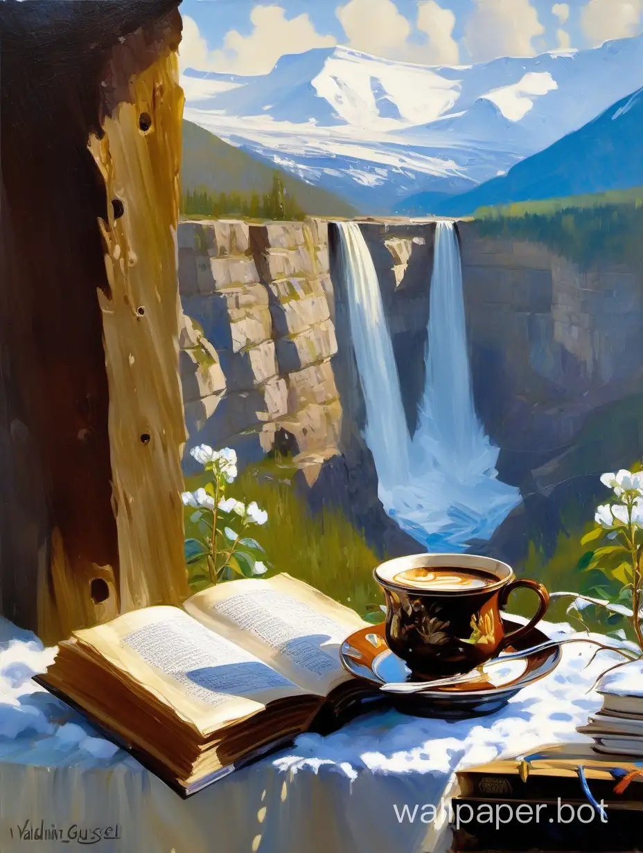 Vladimir gusev Oil painting of a brown cup of coffe with closed book on a shelf , outside view of a winter mountain and waterfall with blue & white flowers