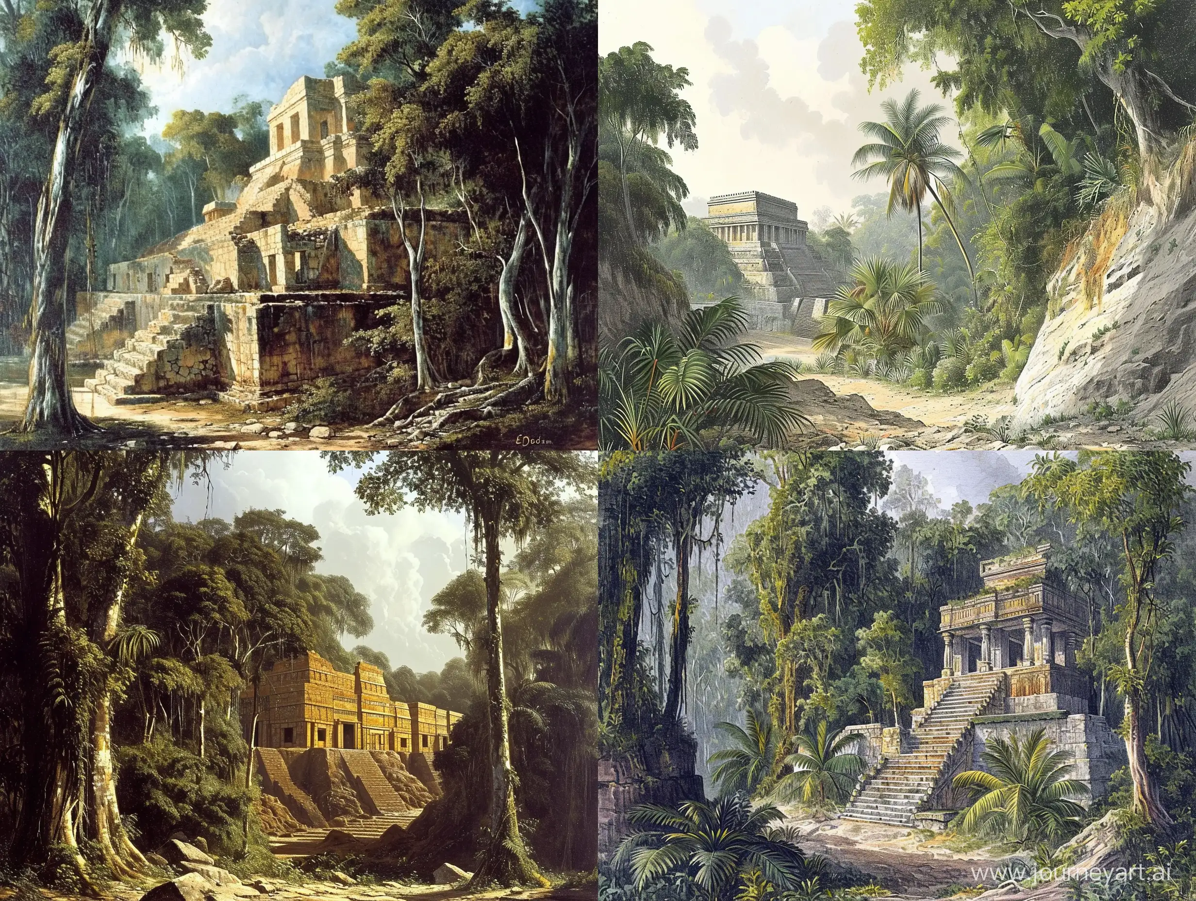 The Lost City of El Dorado in the Amazon jungle painted by Jean-Léon Gérôme. In color.  detailed. 

