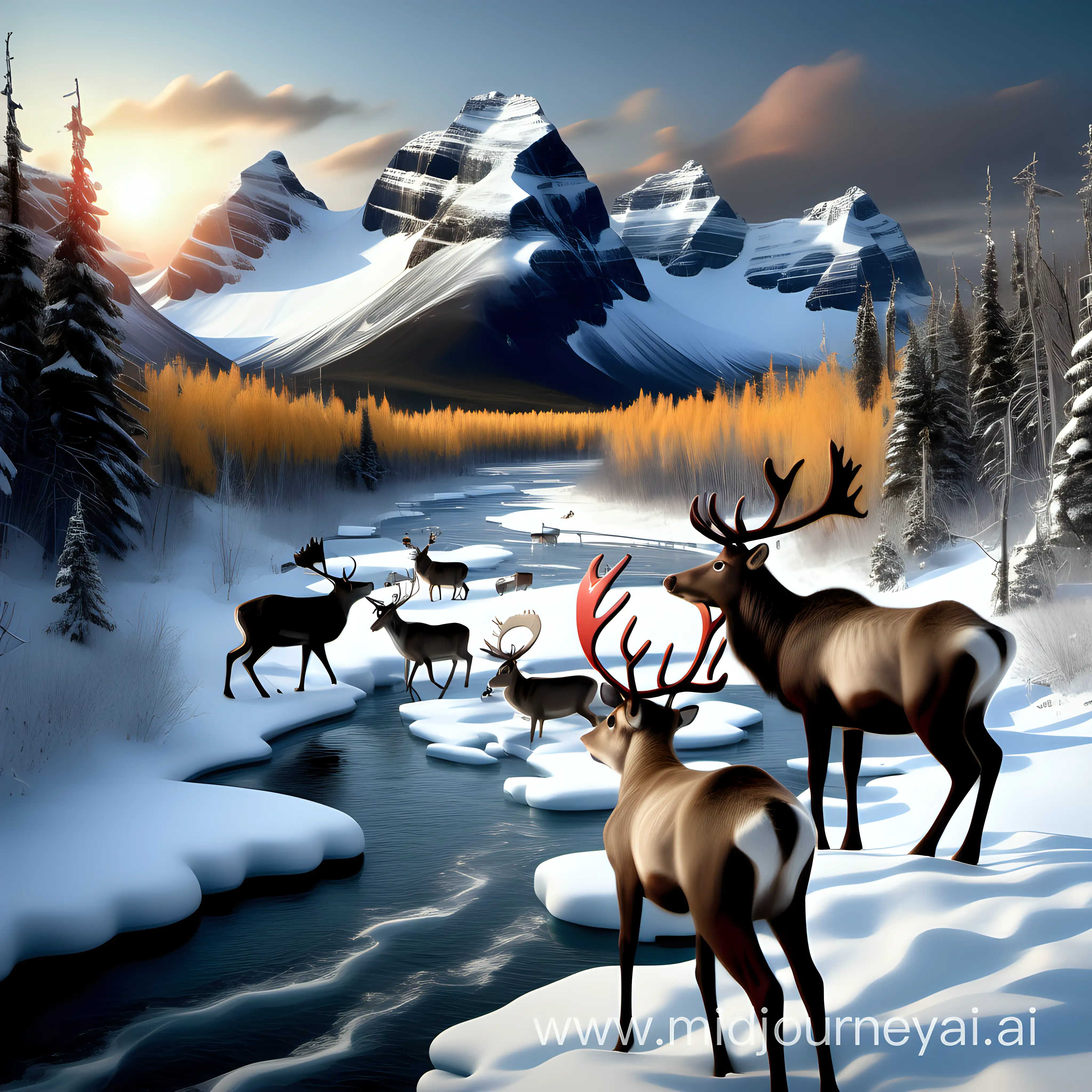 Craft a lifelike and mesmerizing photograph, reminiscent of a scene captured by a Canon Mark 3D camera. Immerse the viewer in the breathtaking beauty of northern Canada with snow-covered mountains, gracefully adorned reindeers, and a meandering river embraced by a pristine snowy landscape. Leverage the capabilities of the Canon Mark 3D to ensure the image reflects intricate details, vivid colors, and a sense of realism. Let the soft sunlight in the background cast a warm, enchanting glow, enhancing the overall photographic experience. Design the image  aiming to transport individuals to the heart of the serene northern wilderness.