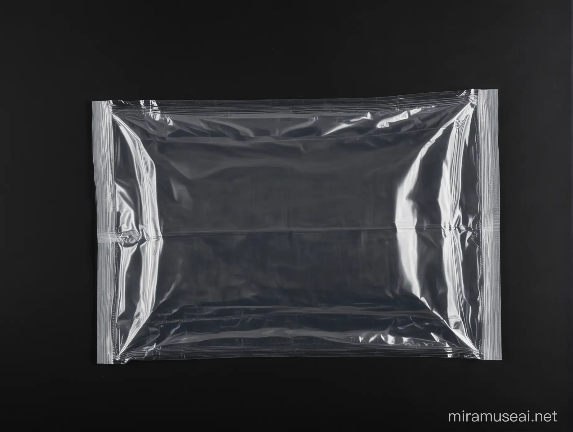  clear plastic bag on a black background. the plastic bag is the shape of a horizontally wide and vertically short rectangle.