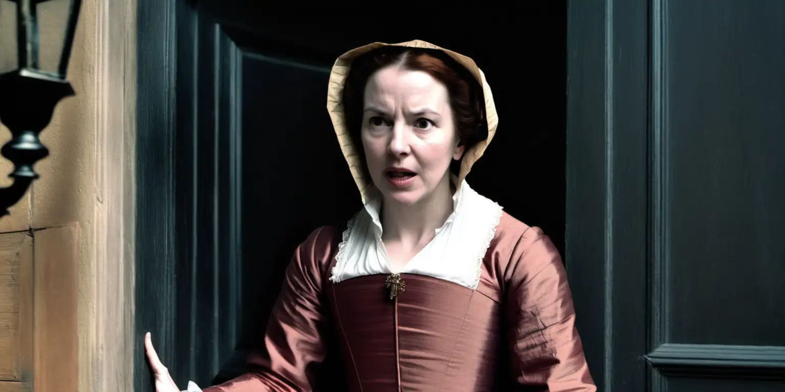 A color photo of Anne Shakespeare in plain clothes, standing at a door entrance, furious. The year is 1595.
