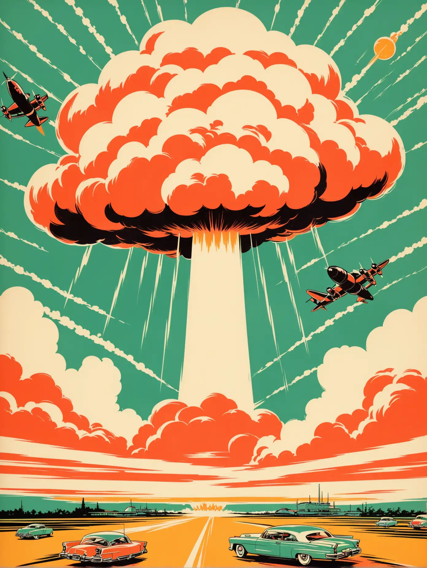 nuke cloud, bombs, mid- century modern nostalgia, cocktails, wallpaper, 
