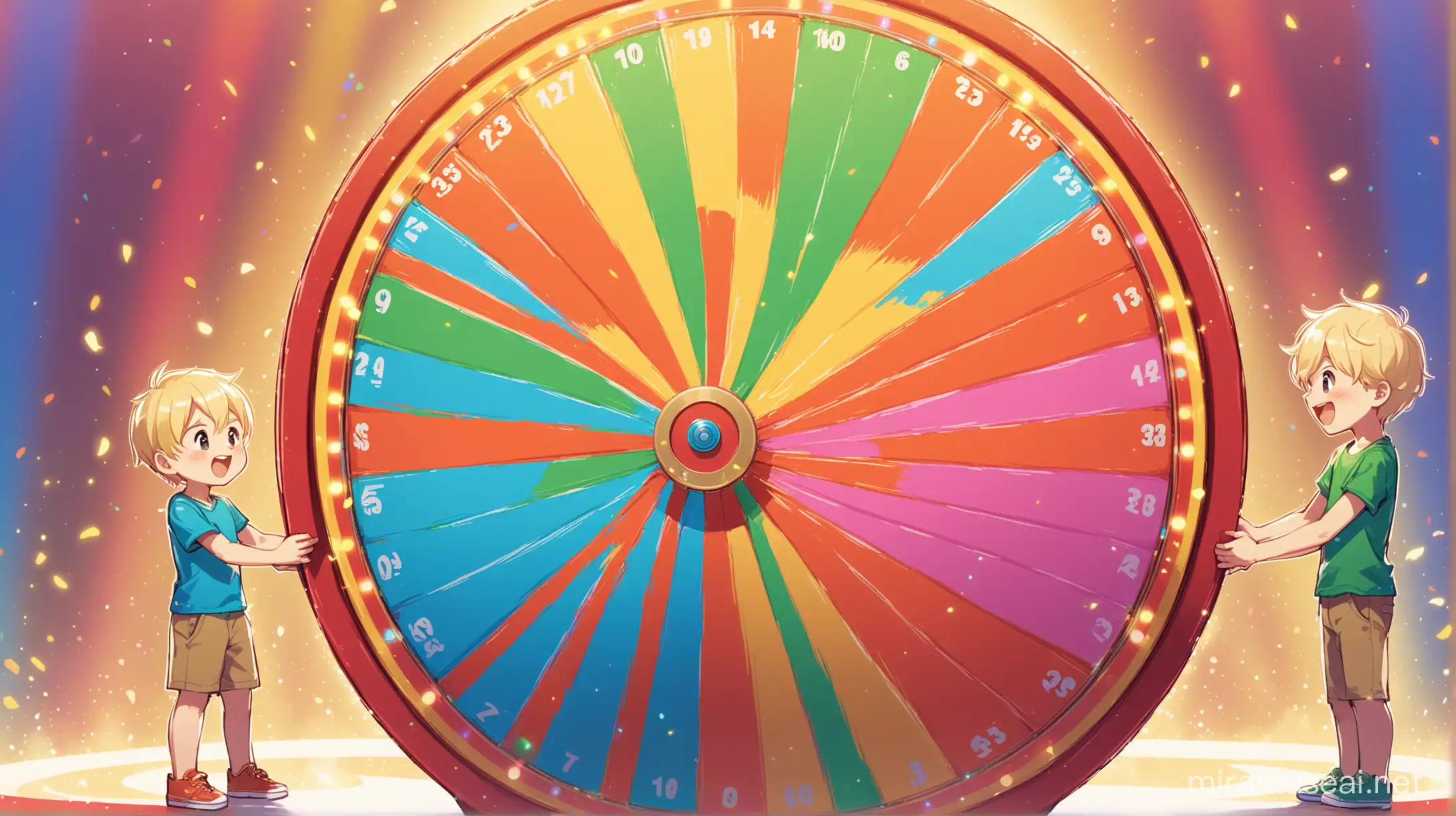 Two blonde boys spinning a giant prize wheel.