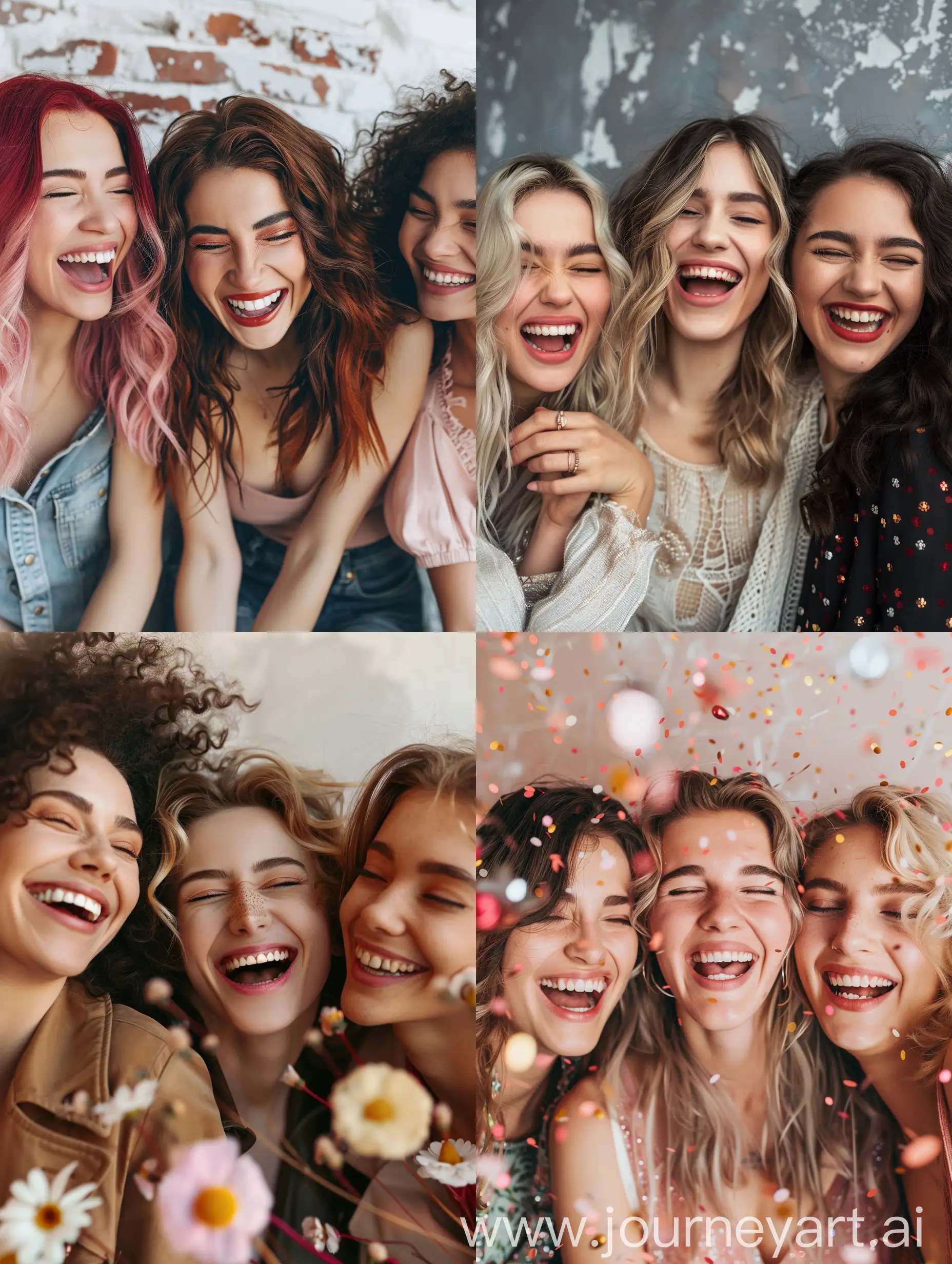 laughing female friends celebrating international women's day, glamour shot, realistic, not illustrative