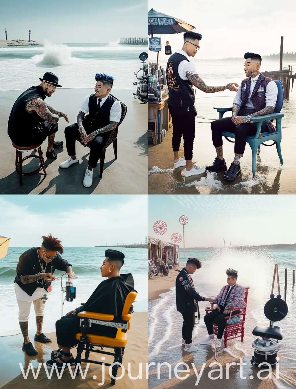 2 pria korea, sedang duduk di kursi barber premium, berjabat tangan, bertatto, di pinggir pantai tergenang, kamera sony, memegang clipper, dreamcacher 8K, 18mm lens, leica kamera