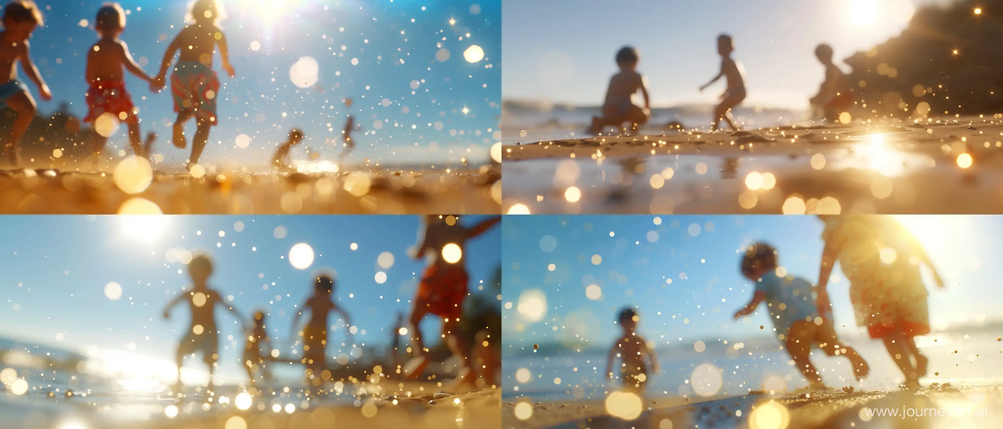 close-up of "children playing on the beach"; sunny day; using all the graphic, lighting, design and scenery techniques of the most hyper-realistic and current animations of the last generation; Ray tracing at an absurd and exaggerated level; 32k; absurd details; advanced mirroring techniques; better CGI; advanced blurring techniques in some specific points; advanced lighting techniques; cinematic style; Blurred background; some points of blurred lights in different sizes present towards the bottom; small points of light throughout the image; Parts of the image and the parts that were not blurred with as much absurd detail as possible in 32k quality; --ar 21:9 --v 6.0