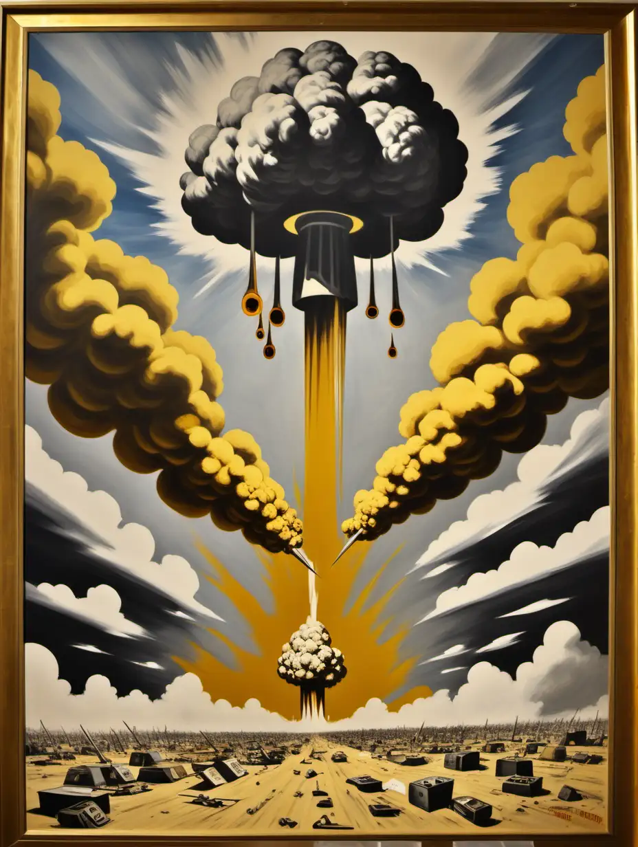 found hand painted protest poster, several atomic bomb blast clouds, 1969 mod look, still life painting with mirrored objects, with the text "DEATH SCULPTS YOU", asymmetrical, mustard gas, dull colours