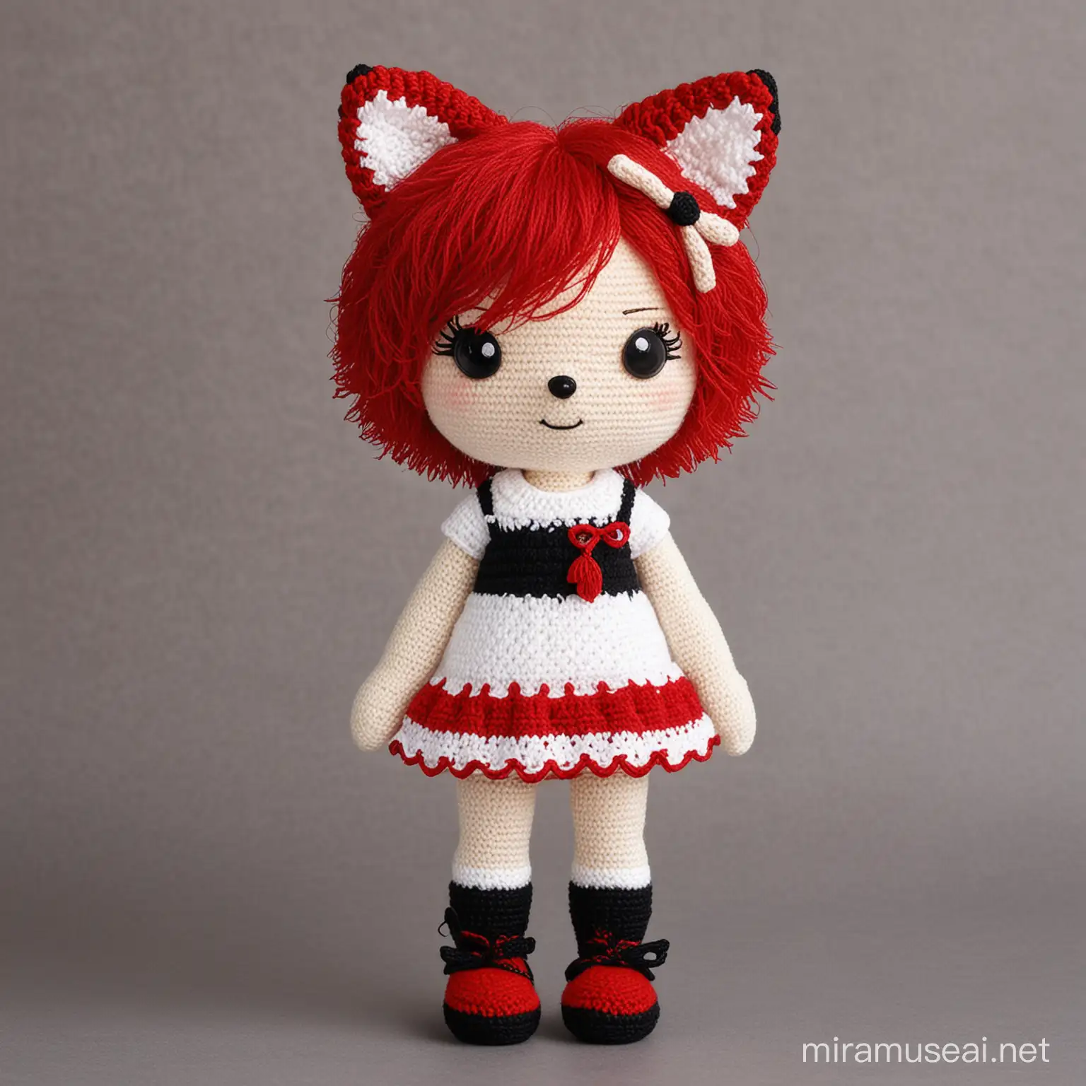 Amigurumi crochet little baby girl, burgundi red short hair, Fox ears, red And white dress, black stocking, black shues