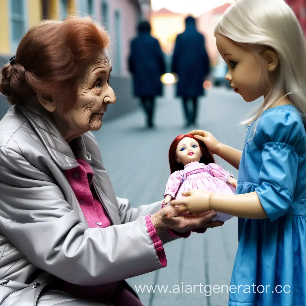 Девочка отдает куклу бабушке. Улица города 