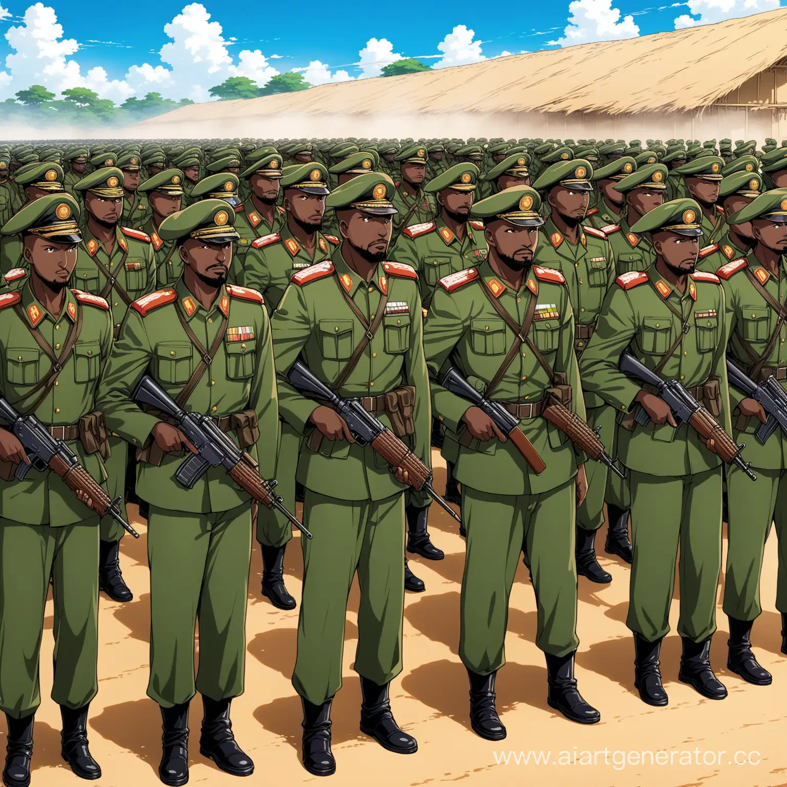 Колонна солдат и иностранных наемников нового государства в африке, аниме