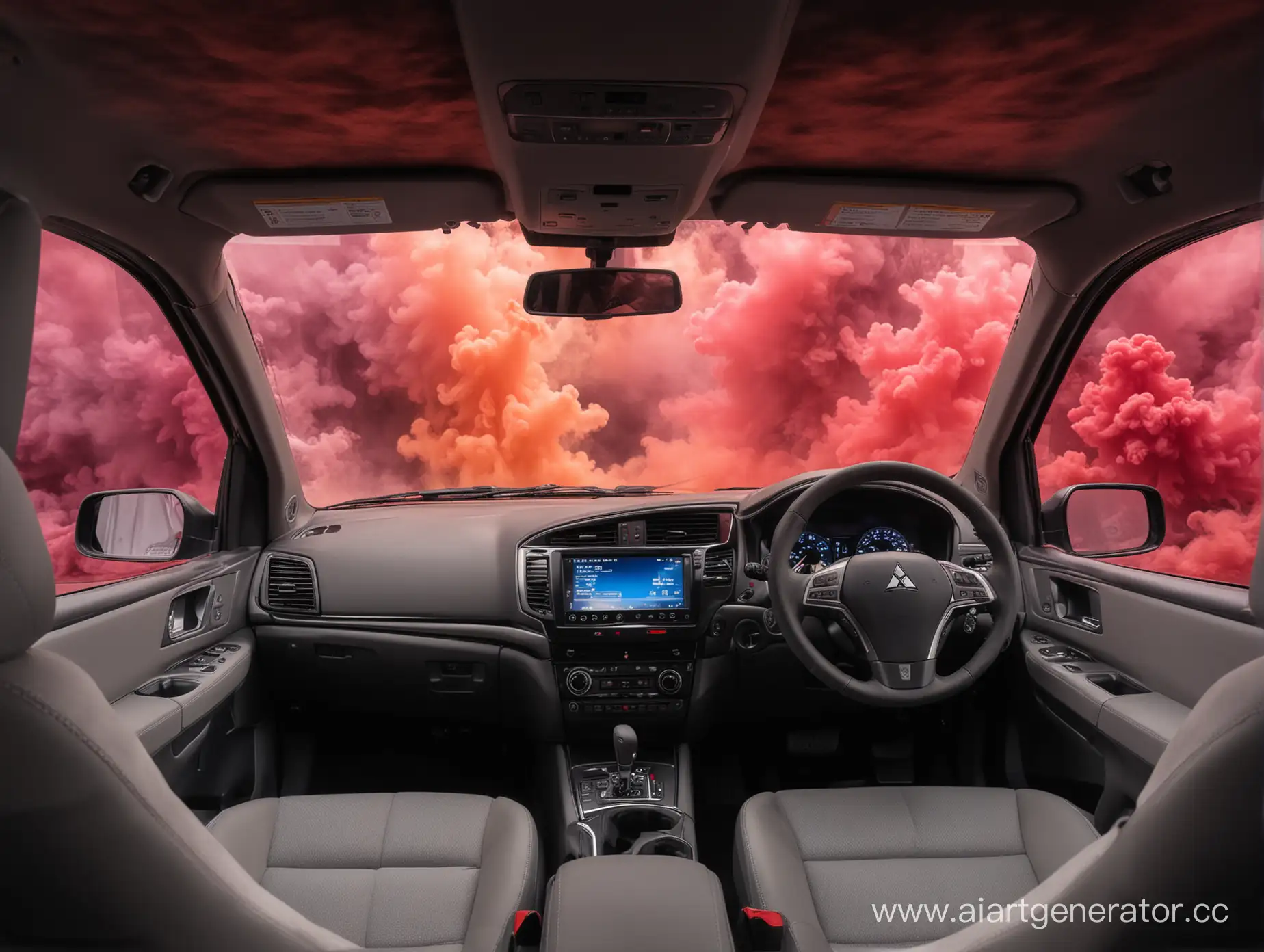 Intricate-Multimedia-System-Amidst-Thick-Colored-Smoke-Inside-Mitsubishi-Car