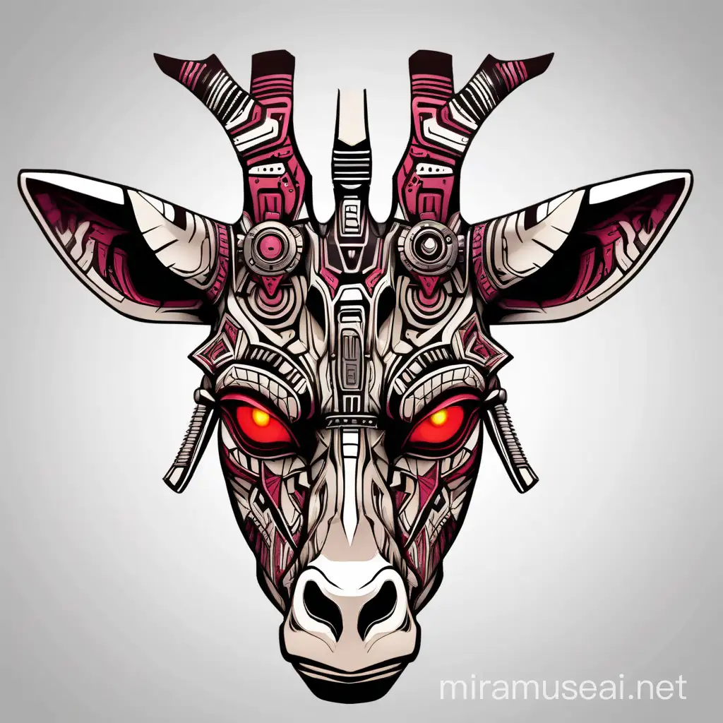 cyberpunk styled tribal mask of a giraffe. Mask should look evil and express anger and curiousity. Eyes should be red. It should have base16 color pallete. 
