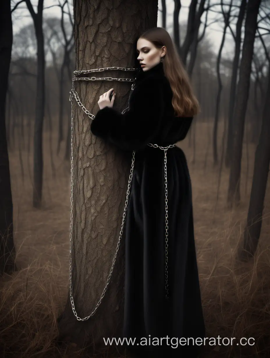 Tall-Girl-Bound-in-Chains-and-Sable-Coat-against-Tree-Stake