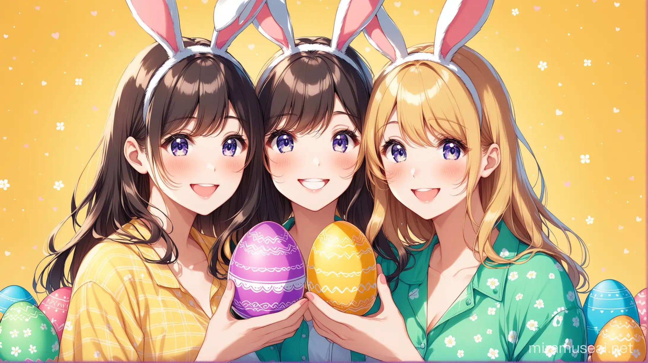 Happy Easter Celebration with Lovers Holding Colorful Eggs and Bunny Ears