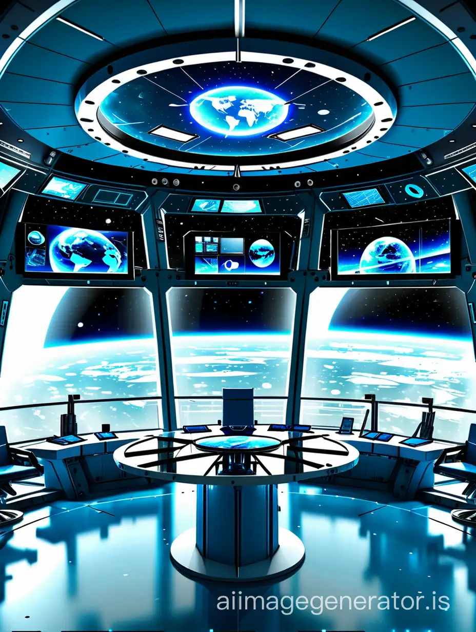 Ein privater und futuristischer konferenzraum in einer großen Raumstation. Im Hintergrund ein panoramafenster, durch das des Weltall und ein Planet zu sehen ist. Links und rechts Displays und Sensoren. In der Mitte ein runder glastisch. Das ganze in angenehm blauen Licht.