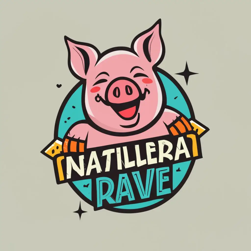 logo, logo featuring a cute pig with the text 'Natillera Rave' on a white background, with the text "Natillera Familia Rave", typography