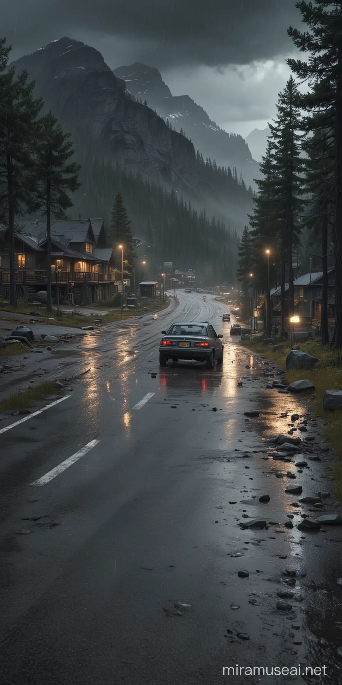canada little town, like Wayward Town, dark athmosphere, rain, rock and mountains in the background, pine trees, pine forest, in the foreground a road runs to the city, a broken car on the road, the car's lights are on, photorealistic image, with many parts