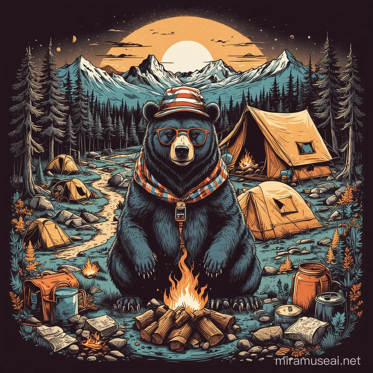 A colorful and playful retro-style vector lineart illustration of a bear camping in a mountain setting. The bear, with round glasses and a black and white striped hat, sets up a tent next to a campfire. Surrounding the scene are various camping items such as a lantern, a backpack, and a map. The overall design exudes a sense of nostalgia and fun, making it an ideal t-shirt graphic for fans of outdoor adventures and vintage aesthetics.
