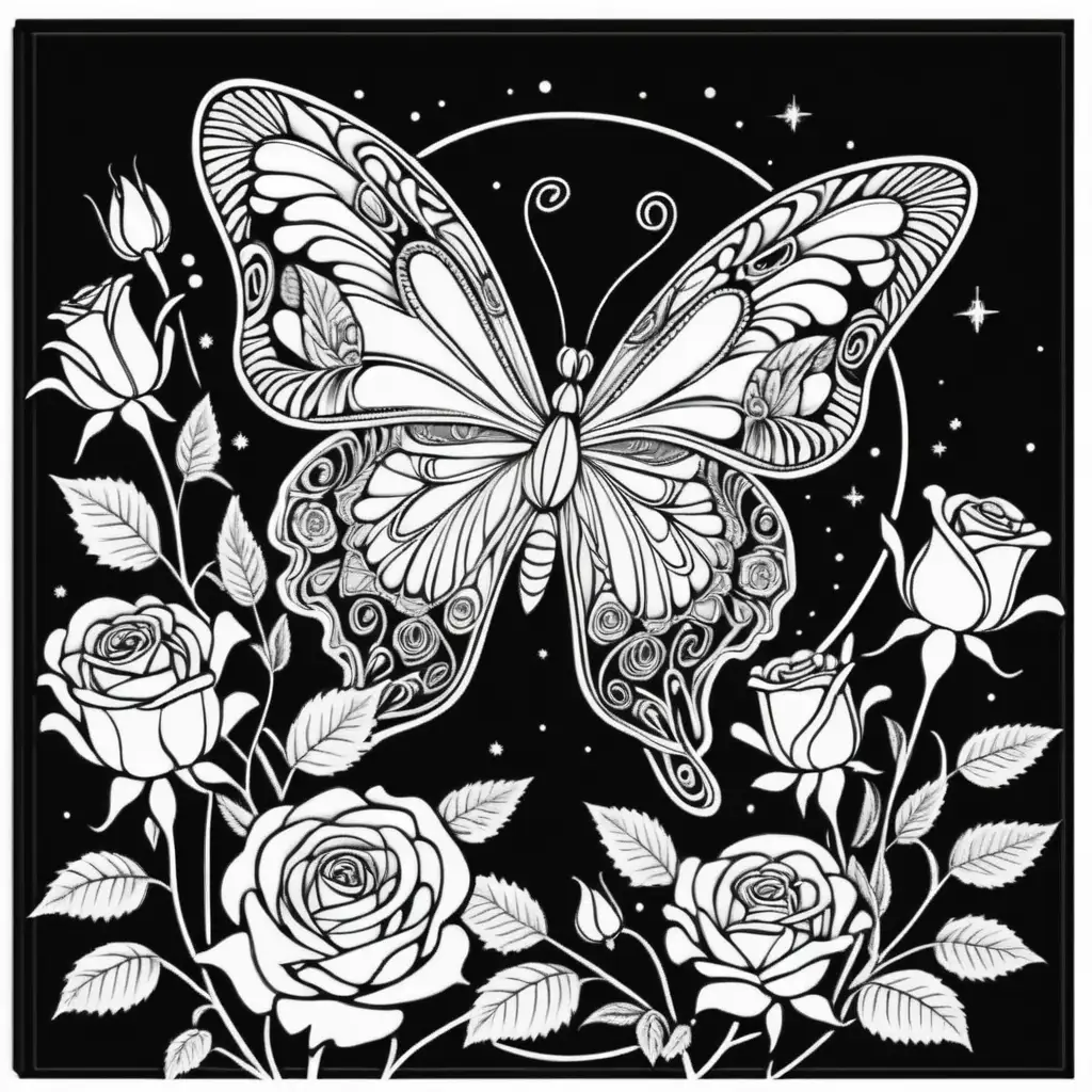 Coloring page glowing intricate butterfly and glowing roses în the dark with glowing effect