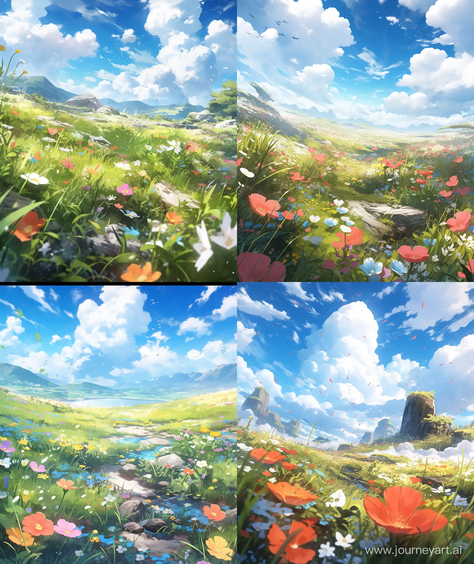 Beautiful anime scenary , remnants of old relics, flower overgrown over relic, day time, flowers blowing motion, clouds, meadows, water reflection, ultra hd, --ar 27:32 --niji 5