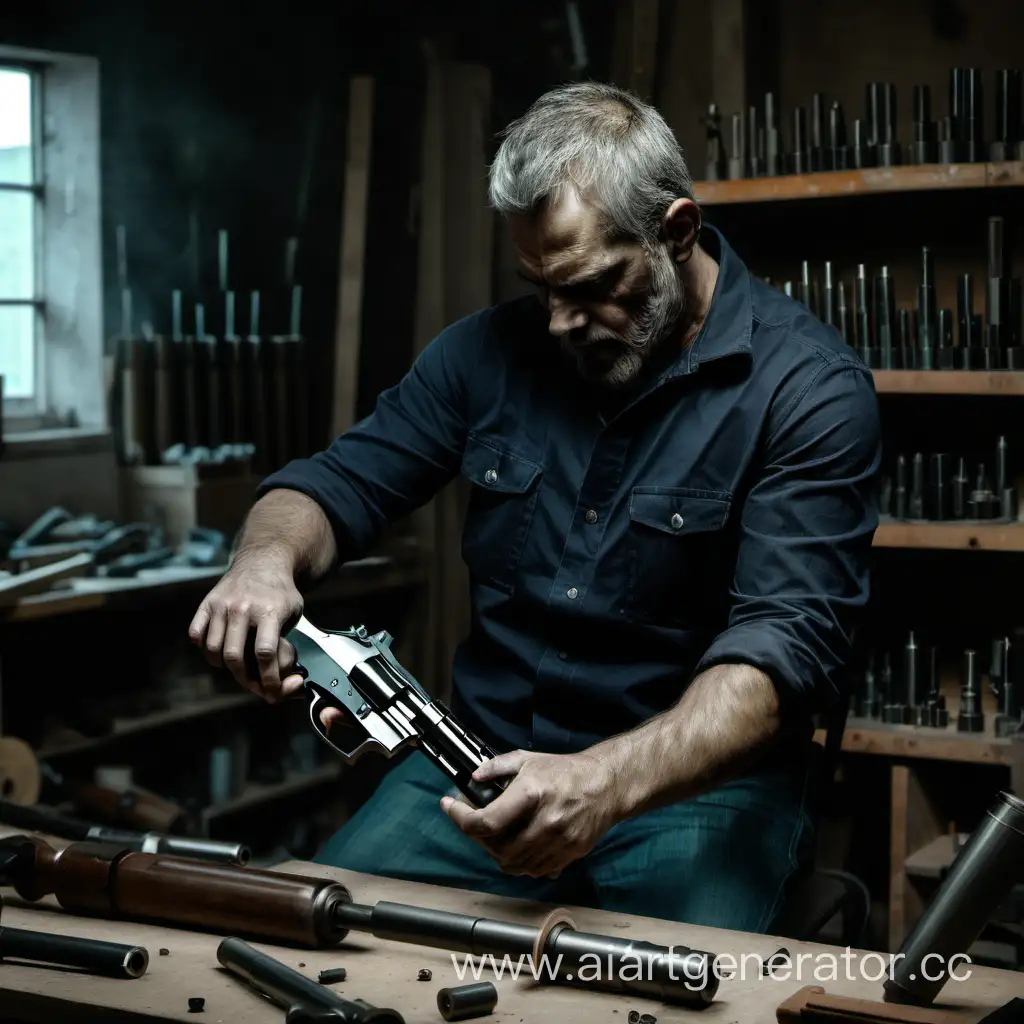 Злой мужчина сидящий в мастерской создаёт пушку