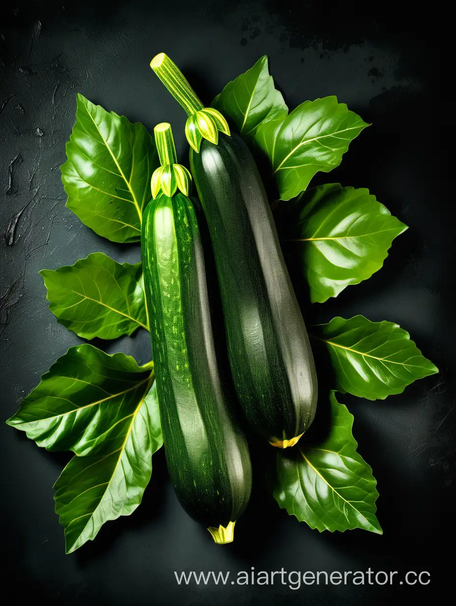 Zucchini with green leaves on dark golden background 