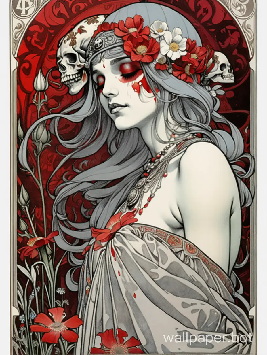 odalisque, skull face ,   closed eyes, asymmetrical, Alphonse Mucha poster, explosive wild flowers dripping paint, comic book, high textured paper, hyper-detailed lineart , dark water , red, black, gray, white sticker art