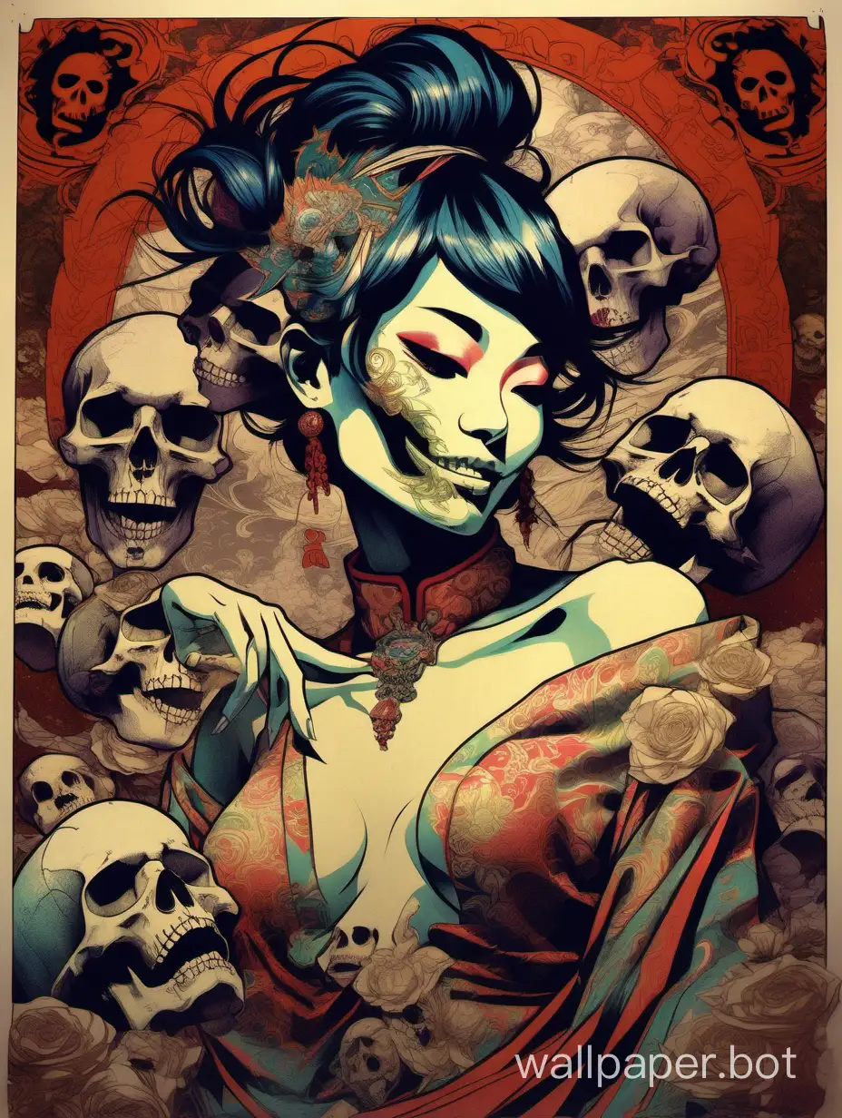 skull asian odalisque,  skull face, sexy smiling, chaos ornamental, short hair, darkness, explosive hairstyle, assymetrical, chinese poster, torn poster edge, alphonse mucha hiperdetailed, highcontrast, hippercolored, highcontrast dramatic tones, explosive dripping colors,