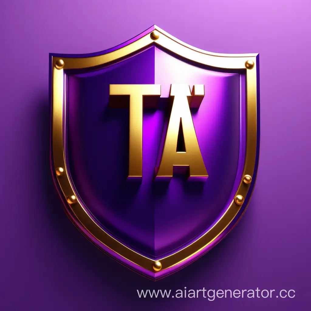 Трёхмерный блестящий фиолетовый логотип с надписью "TA" , в виде щита с золотой каймой