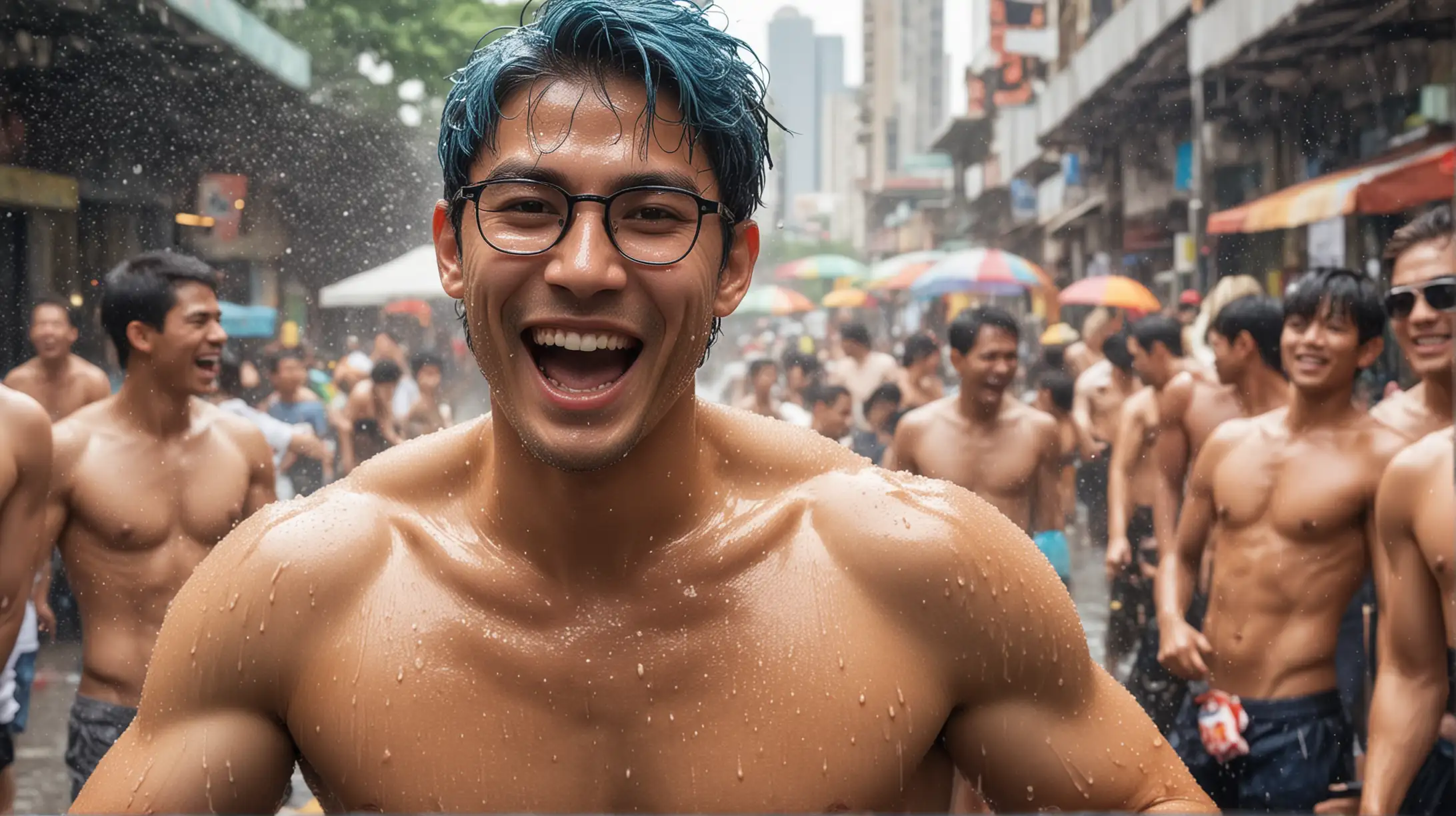 AI drawing prompt: glasses wearing android hunk Lancelot is having a great time in Songkran festival. His aquamarine eyes sparkling, short navy blue hair damped, shirtless body glistening as all the hot gay men around him are shooting water against each other on the streets of Bangkok.

Lancelot's shirtless physique glistens under the sunlight, his muscular frame highlighted by the droplets of water clinging to his skin. With a water gun in hand, he joins in the playful chaos, engaging in spirited water fights with the other festival-goers.All around him, Thai hunks laugh and shout as they drench each other with water, their faces lit up with joy and camaraderie. The streets are alive with the sounds of splashing water and cheerful banter, creating a vibrant and energetic atmosphere.